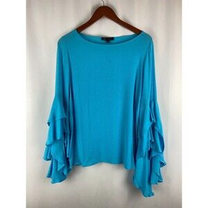 DG2 by Diane Gilman Womens M Aqua Blue Blouse Long Bell Sleeve Flowy Loose STAIN